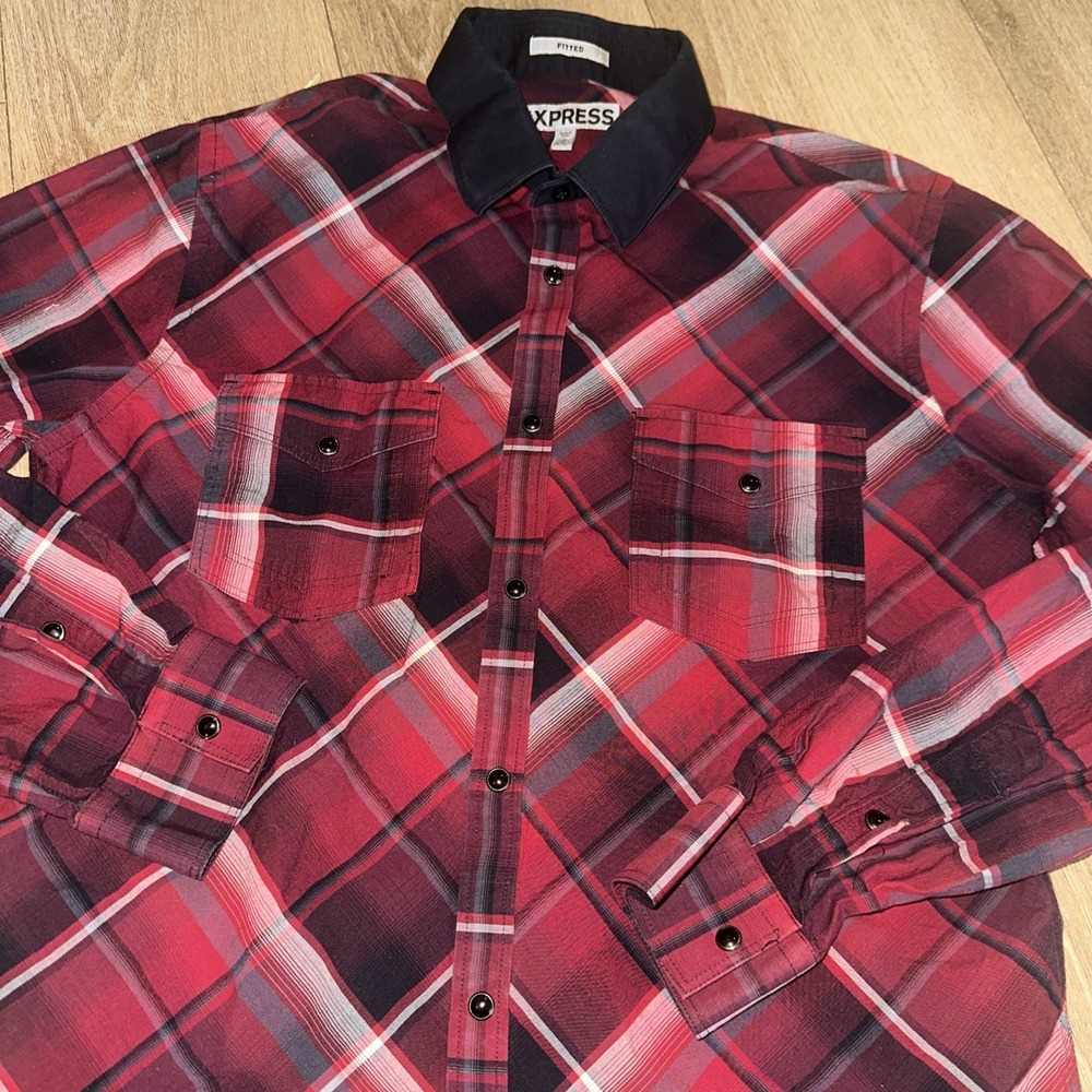 Express Pearl Snap L/S Plaid Western Fitted‎ Medium 15-15.5 Red/Black Cotton